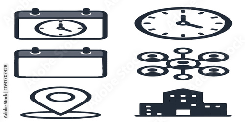 Vector illustration set of metal clock icons and business countdown buttons featuring a target aim symbol for time management and film production design
