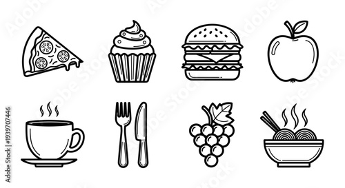 Collection of delicious food and drink icons in a simple line art style
