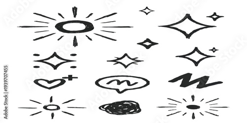 A set of vintage vector icons featuring black silhouettes of sea animals, birds, and mustache styles in a cartoon art illustration