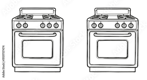 Two vintage gas stoves side by side, hand-drawn illustration with a sketchy, retro feel