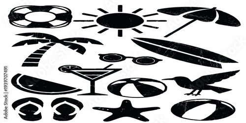 Cartoon vector illustration set of sea animals and shells featuring a seamless pattern of fish, starfish, and silhouettes in a vintage fashion style