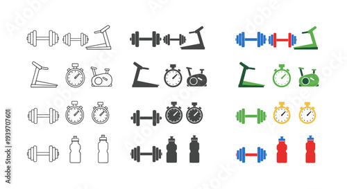 Collection of fitness equipment icons in various styles and colors for workout and health themes