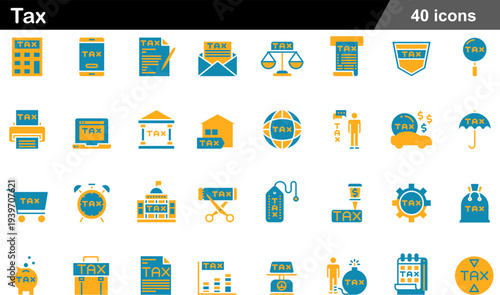 Taxes and Finance Two Tone Orange Teal Icons Set Tax Preparation, Financial Planning, Government Forms, Accounting Symbols and Business Assets for Web Design