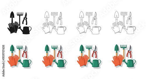 Gardening tools set including shovel, rake, pruners, gloves, and watering can