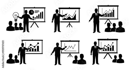 Business presentation icons showing diverse professionals explaining charts and graphs to audiences in a modern clean