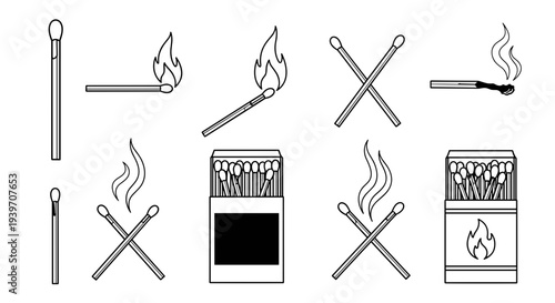 Collection of hand drawn matchsticks some lit with flames unlit crossed and in open boxes isolated on a white