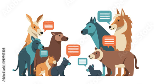 Diverse group of animals communicating with speech bubbles in a modern flat illustration style