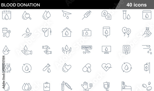 Blood Donation Thin Line Icons Set Medical Care Symbols, Life Saving Equipment, Donation Process, Hospital Supplies and Healthcare Vector Graphics for Clinics