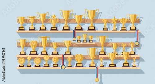 Multiple gold trophies on wooden shelves display achievement awards.