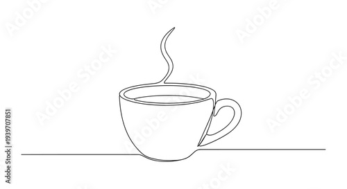 Minimalist single line drawing of a steaming cup of coffee on a white background