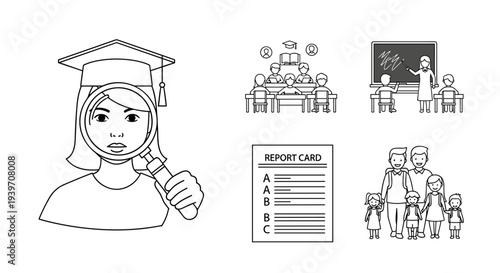 Student with magnifying glass and graduation cap, symbolizing education and research