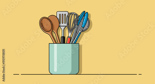 Collection of kitchen utensils in a holder, flat design illustration