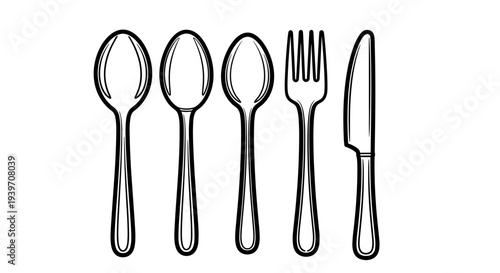 Set of three spoons, one fork, and one knife in a clean line art illustration