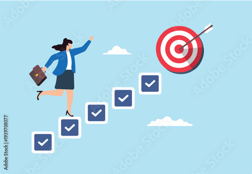 Flat illustration of smart businesswoman walk up checklist staircase to achieve bullseye target symbolizing personal development for career success