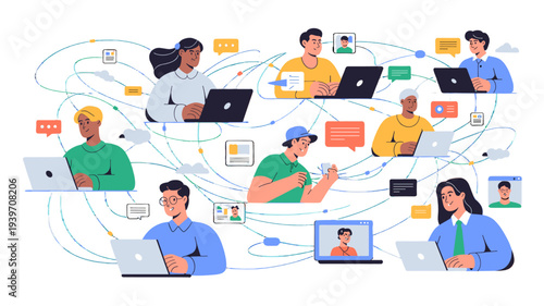 Digital network connecting multiple users through their laptops, illustrating online collaboration and communication.