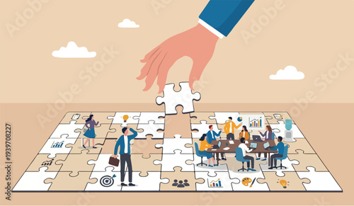 Build team,to of for we leadership to develop teamwork or business partner, cooperate or collaborate for success, assist or to help, giant businessman hand connect last jigsaw puzzle to office busines