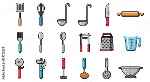 Collection of colorful pixel art kitchen utensils and cooking tools arranged in a grid