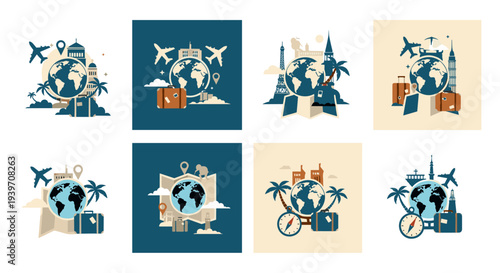 Global travel and tourism concept with landmarks, airplanes, and luggage