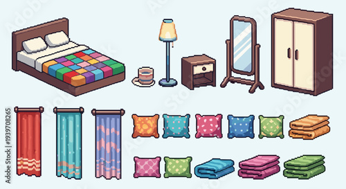 Pixel art bedroom furniture and decor set with bed, wardrobe, and accessories