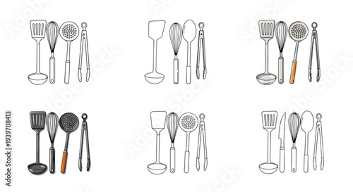 Collection of hand-drawn kitchen utensils including spatulas, whisks, ladles, and tongs