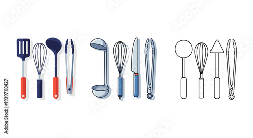 Collection of colorful and outline kitchen utensils for cooking and baking