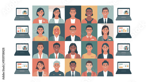 Virtual meeting with diversity of people on computer screen.