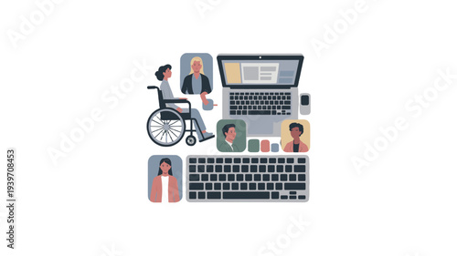 A diverse, inclusive representation, illustrating people with disabilities and showcasing technological integration.