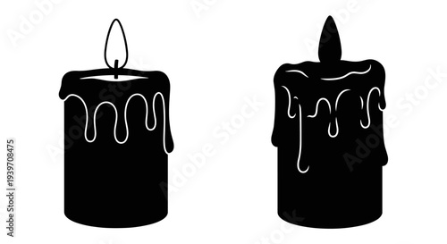 Two black silhouette candles with dripping wax, one lit and one unlit