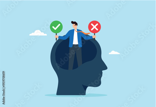 Flat illustration of businessman holding check mark and cross signs inside head silhouette representing internal dilemma decision making and critical thinking