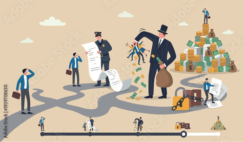 Tax hike vernment increase steal money from people, debt or loan interest to pay off, unethical people overcharge bills, greed businessman mountain peak hold small people shaking to get all their mone