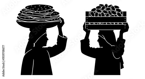Black and white vector silhouettes of two women carrying goods on their heads, one with a stack of flatbreads and the other with a crate of beans, depicting traditional market scenes or labor.