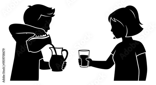 Black and white vector illustration of a man pouring water from a pitcher into a glass for a woman, symbolizing hydration, serving, and hospitality