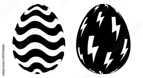 Set of 2 Black and White Easter Eggs Vector Illustrations with Wavy Stripes and Lightning Bolt Patterns, Modern Holiday Design Elements