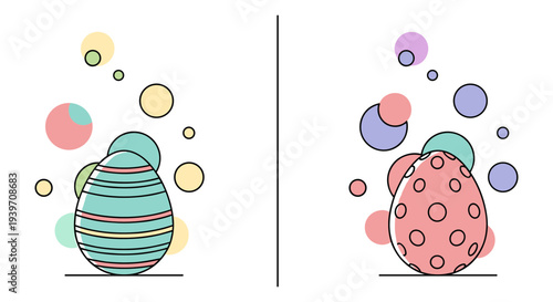 Set of 2 Flat Design Easter Eggs Vector Illustrations with Pastel Bubbles, Perfect for Holiday Marketing and Spring Celebrations