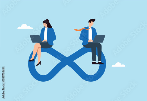 Flat illustration of business people sitting on infinity loop while working on laptops to represent continuous workflow, agile collaboration, and sustainable productivity