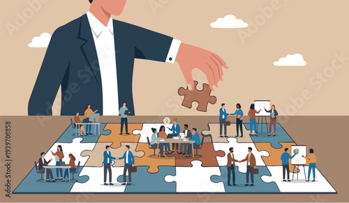 Build can to of the ho for go leadership develop teamwork or business partner, cooperate or Big Desk collaborate for to success, assist or to help, giant businessman hand connect last jigsaw puzzle