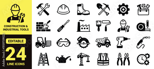 Construction and industrial tools icon set with safety gear, machinery, hand tools, vehicles, building materials, and essential construction ranking symbols in clean modern line‑art vector style