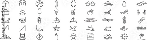 Summer vacation and beach line icons set, travel holiday collection, sea activities, surf, sun, camping, tropical elements, outdoor leisure symbols, minimal outline vector icon pack