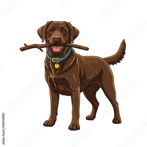 Chocolate Labrador retriever holding a stick illustration