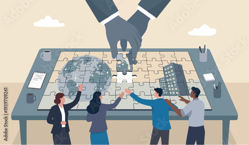 Build in good how can to of the ho for go leadership develop teamwork or business partner, cooperate or Big Desk collaborate for success, assist or to help, giant businessman hand connect last jigsaw 