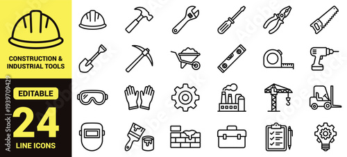 Construction and industrial tools icon set with safety gear, hand tools, machinery, equipment, building materials, and essential construction ranking symbols in clean modern line‑art vector style