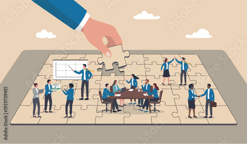 Build good how can to of the ho for go leadership develop teamwork or business partner, cooperate or Big Desk collaborate for to success, assist or to help, giant businessman hand connect last jigsaw