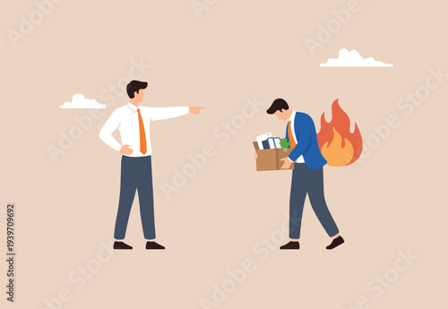 Fired employee, layoff or dismissal worker, misconduct or underperform staff, failure or trouble employment, jobless or unemployment concept, finger to fires, layoff misconduct employee