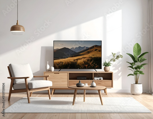 Living room modern setup, wood furniture, neutral hues