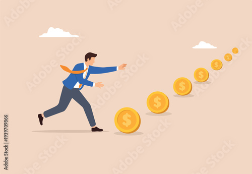 Follow the money, chasing for investment yield, profit or earning, change job for better salary or wages, greed or investing opportunity concept, greedy businessman running to grab money coin trail.