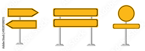 Set of yellow signs on metal poles, various shapes and directions, against a plain background from a straightforward viewpoint