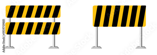 Warning signs on metal stands displayed outdoors in a public area from a straightforward view