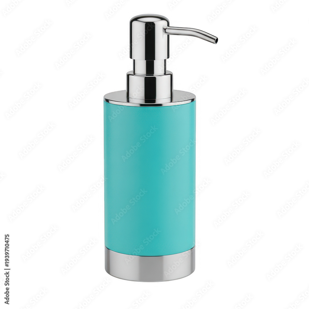 Obraz premium Modern soap dispenser with turquoise body and silver pump isolated on transparent background