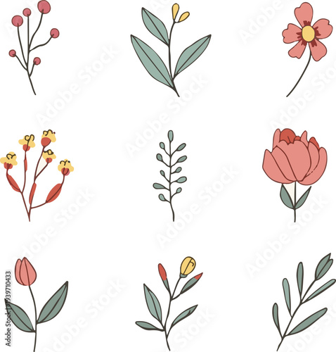 Set of spring colorful flowers. Set of floral branch. Isolated on white for greeting cards, Easter, thanksgiving. Spring set, 