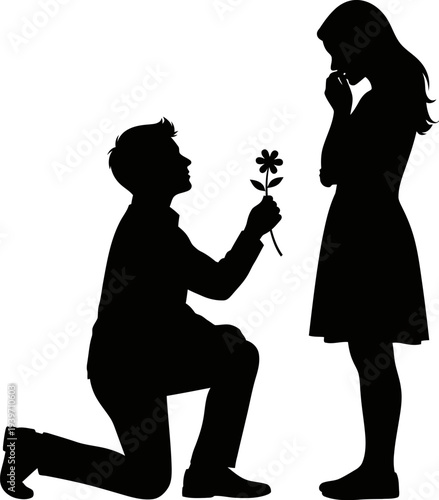 Boy Proposing to Girl with Flower Silhouette Vector Illustration